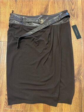 Donna Karan - Women's Brown Pencil Skirt with Faux Leather Waistband and draping